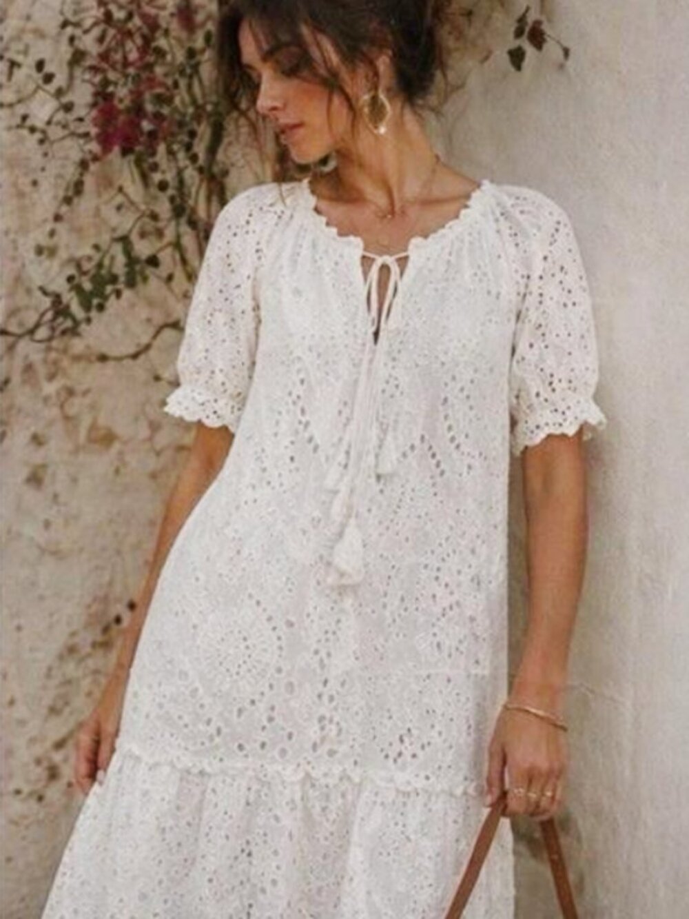 ANTHROPOLOGIE O.P.T. WHITE EYELET TIERED MIDI DRESS PRAIRIE RESORT BOHO COTTON M - Picture 2 of 6